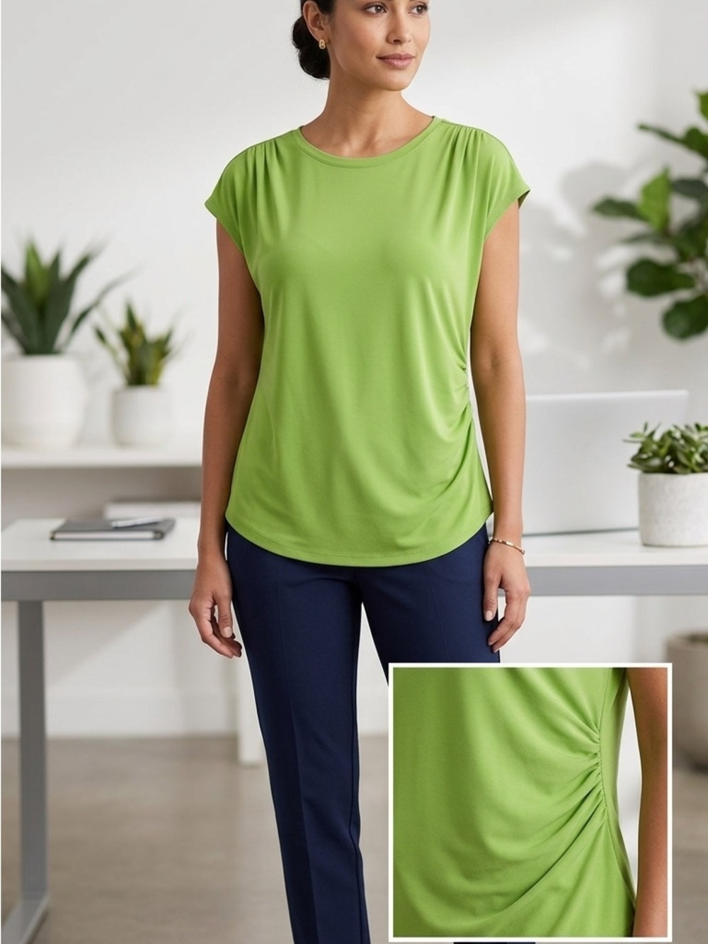 Investments Petites Lime Green Pleated Ruched High-Low Top PL